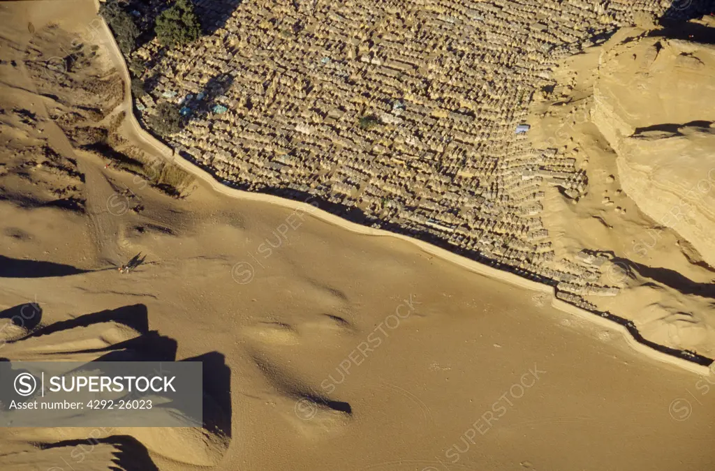 Africa, Egypt, Giza, aerial view of the cemetery in the Sahara desert
