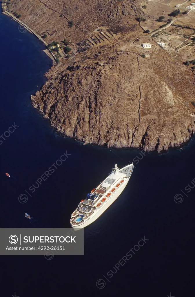 Greece, Patmos, Cruise ship and moored off coast