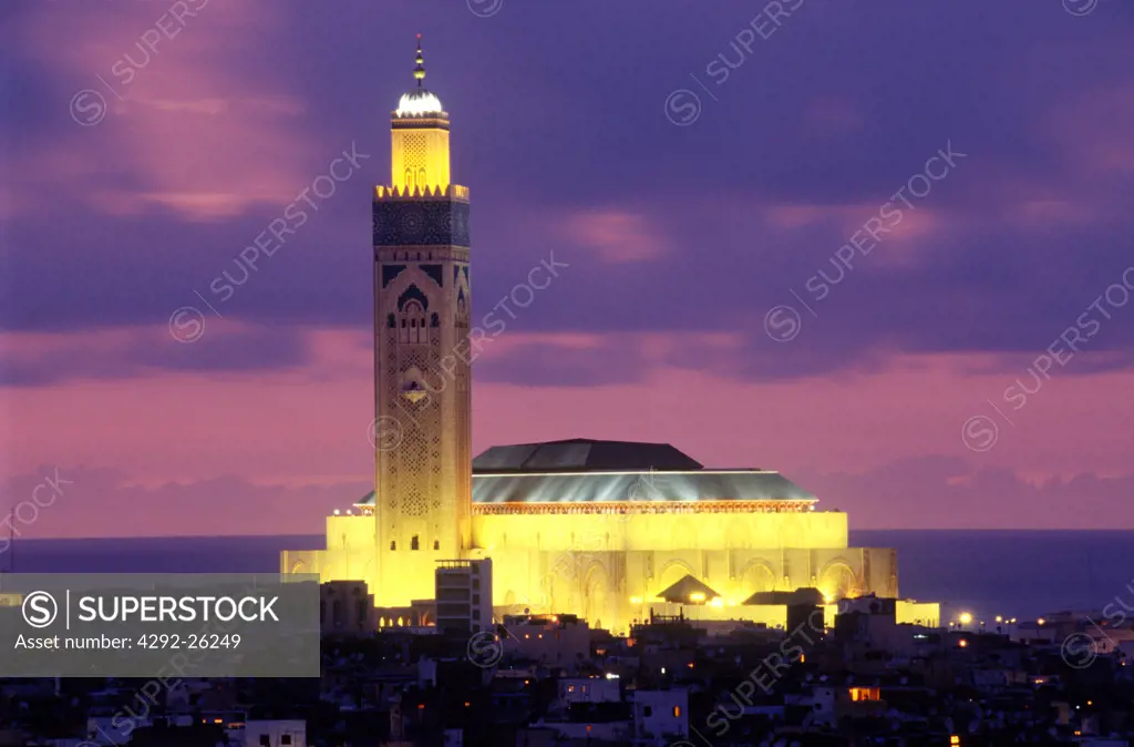 Morocco, Casablanca, mosque Hassan II at dusk