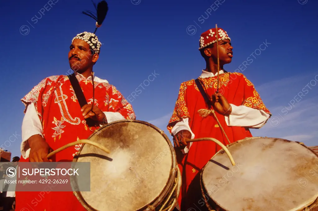 Morocco, Marrakech. Jemaa el Fna Square, street musicians with drums