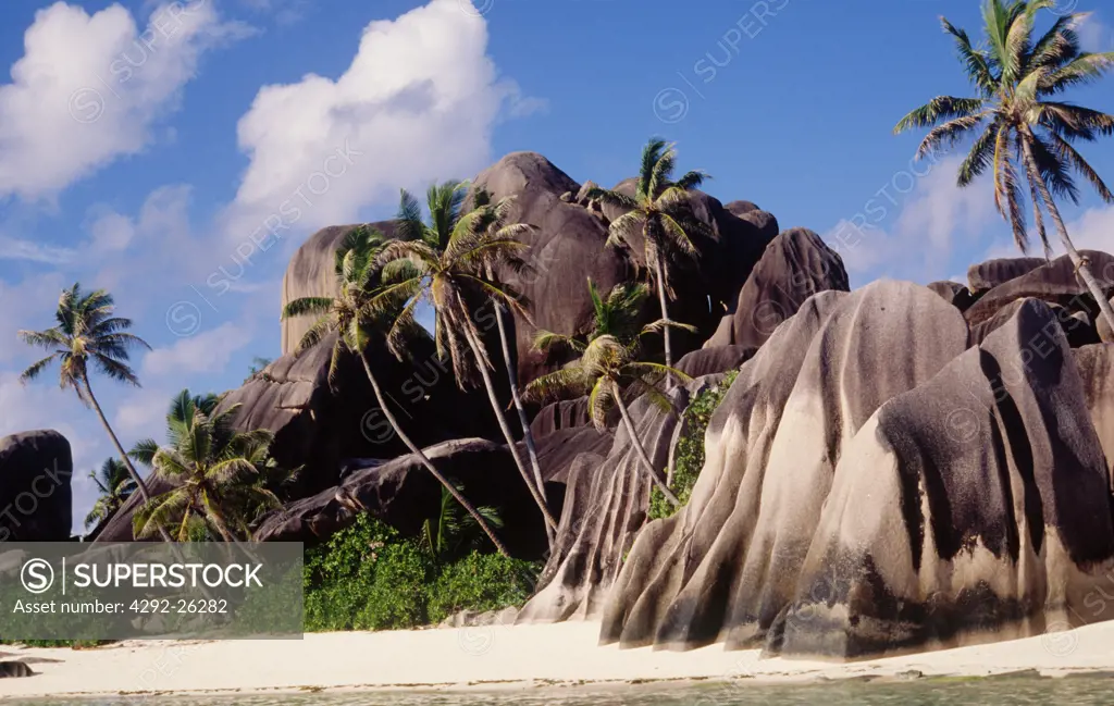 Africa, Indian Ocean, Rocks and foilage at waters edge on La Digue Island in Seychelles,