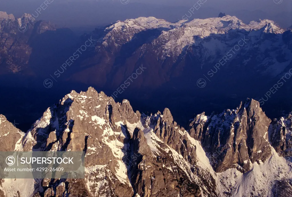 Trentino Alto Adige, Dolomite Alps, aerial view of the Pale di San Martino