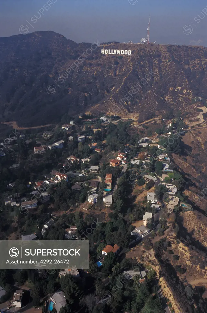 Los Angeles, the Hollywood sign and the valley from the air