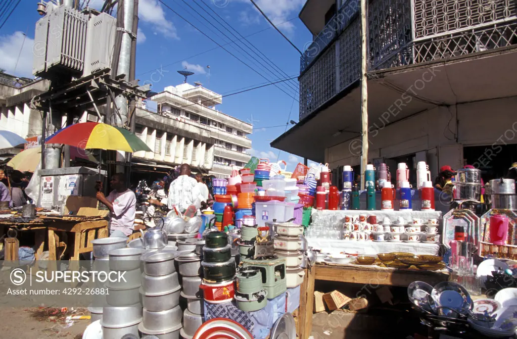 Africa, Tanzania, Dar es Salaam, town center and market stall
