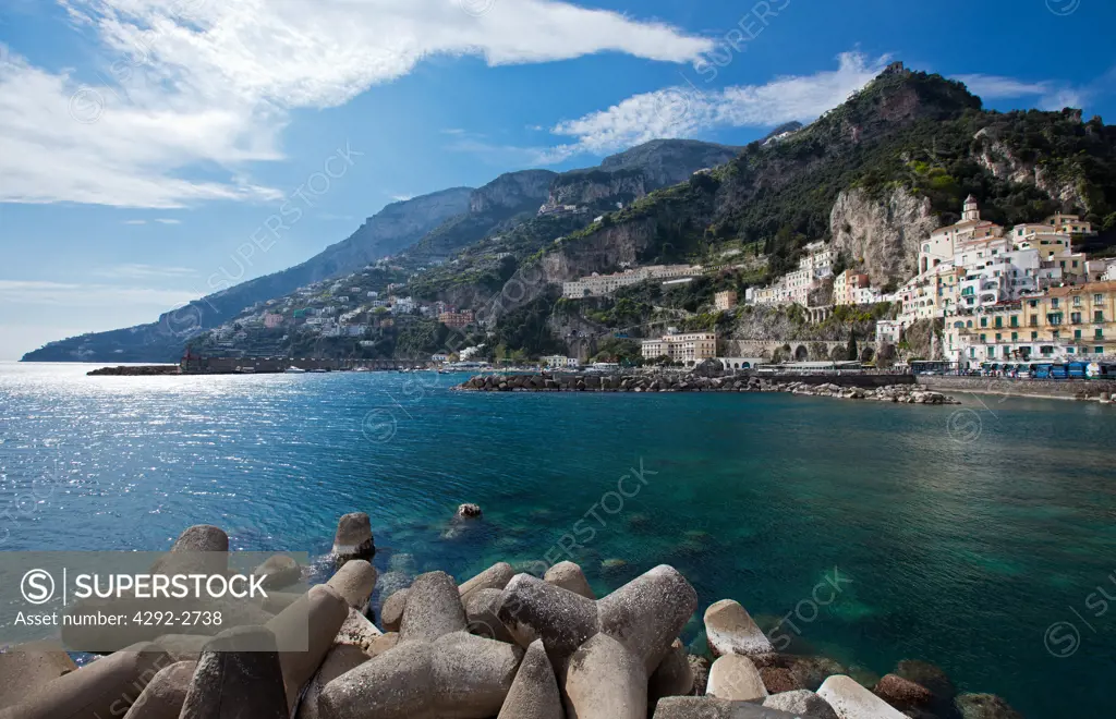 Italy, Campania, Amalfi, View of the Village from the Pier