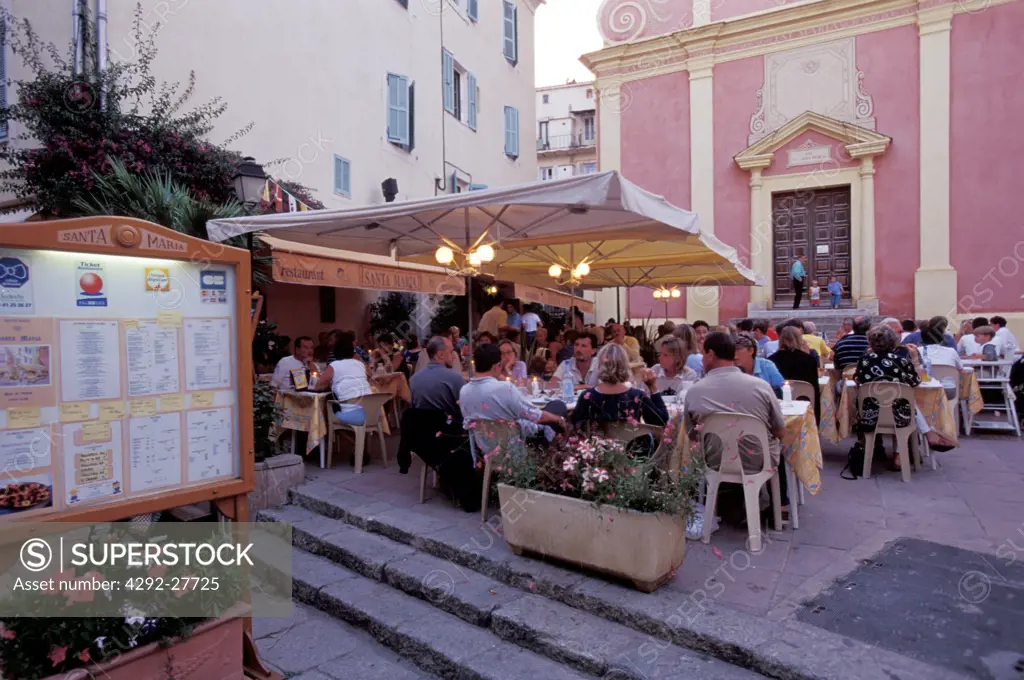 France, Corsica, Calvi, restaurant in town center street
