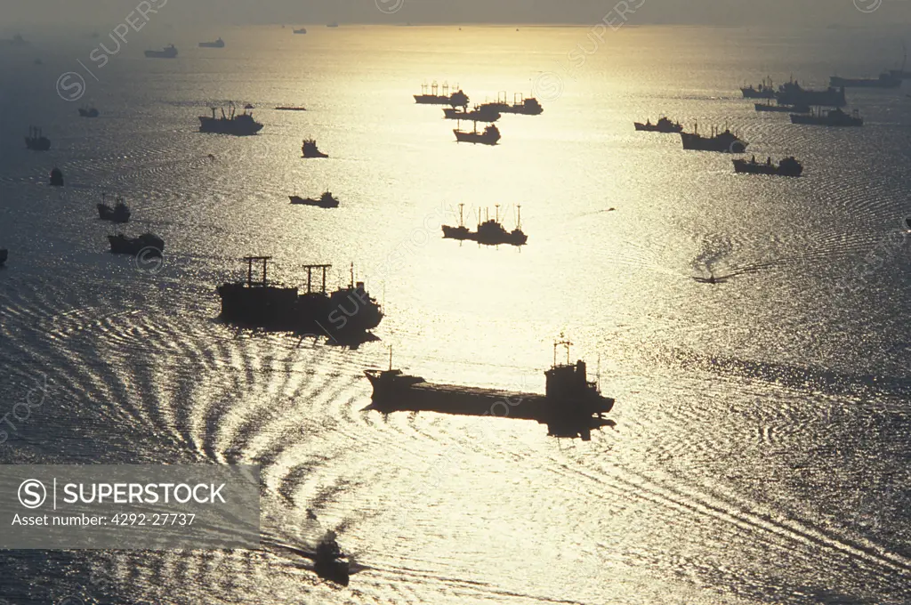 Singapore, aerial view of ships in the bay