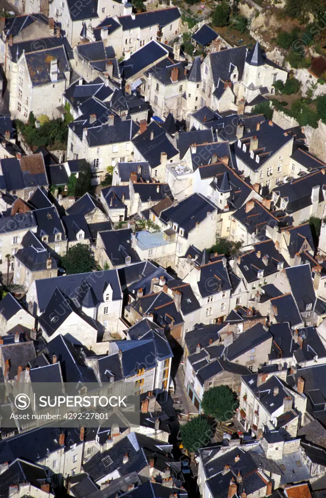 France, Loire Valley, Chinon roofs, aerial view
