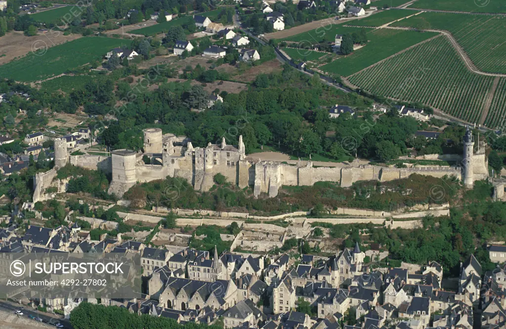 France, Loire Valley, Chinon castle, aerial view