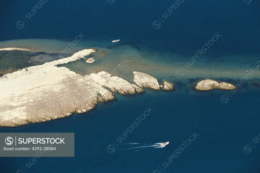 Italy, Lombardy, Garda lake, San Biagio Island aerial view