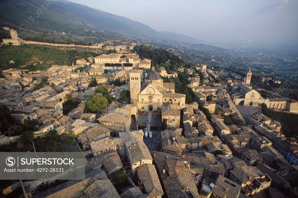 Italy, Umbria, Assisi, aerial view of Saint Francis church