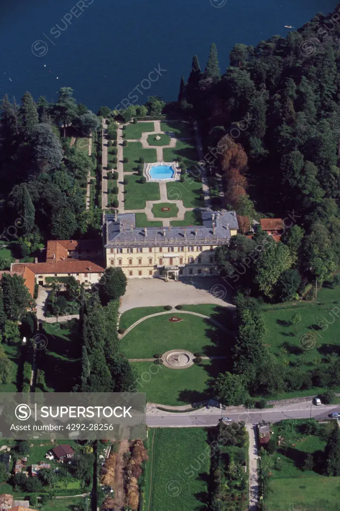 Italy, Lombardy, Bellagio Villa Giulia, Como lake Aerial view