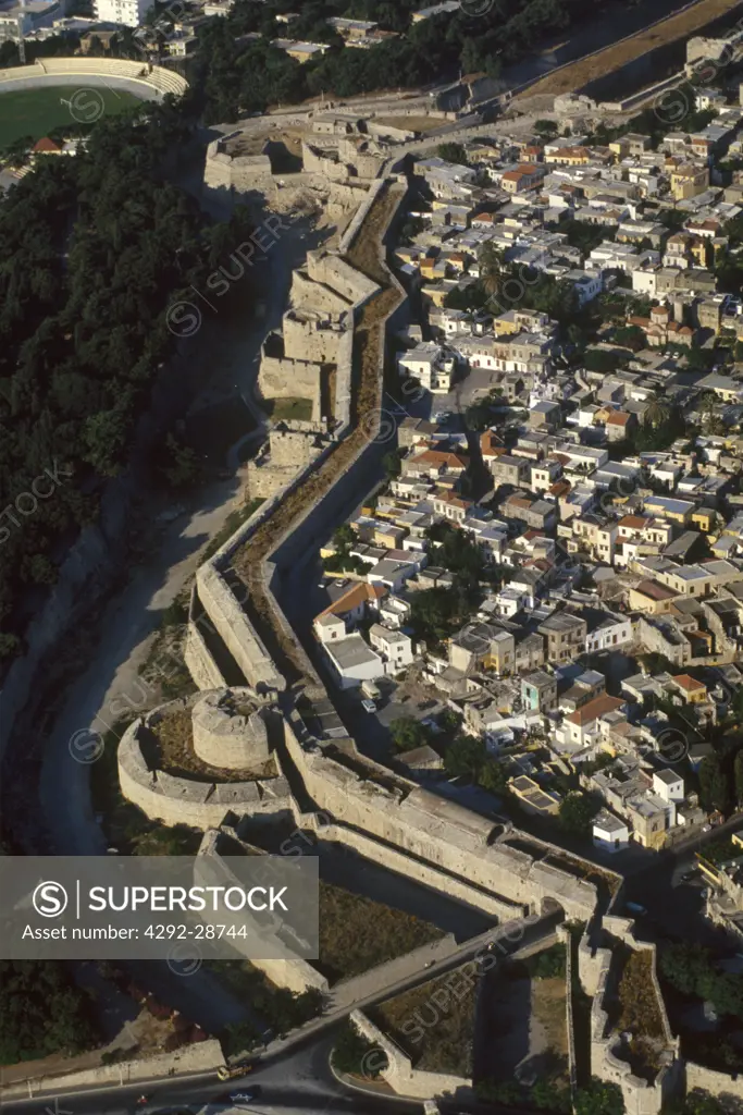 Greece, Rhodes island town of Rodos, aerial view of the old walls