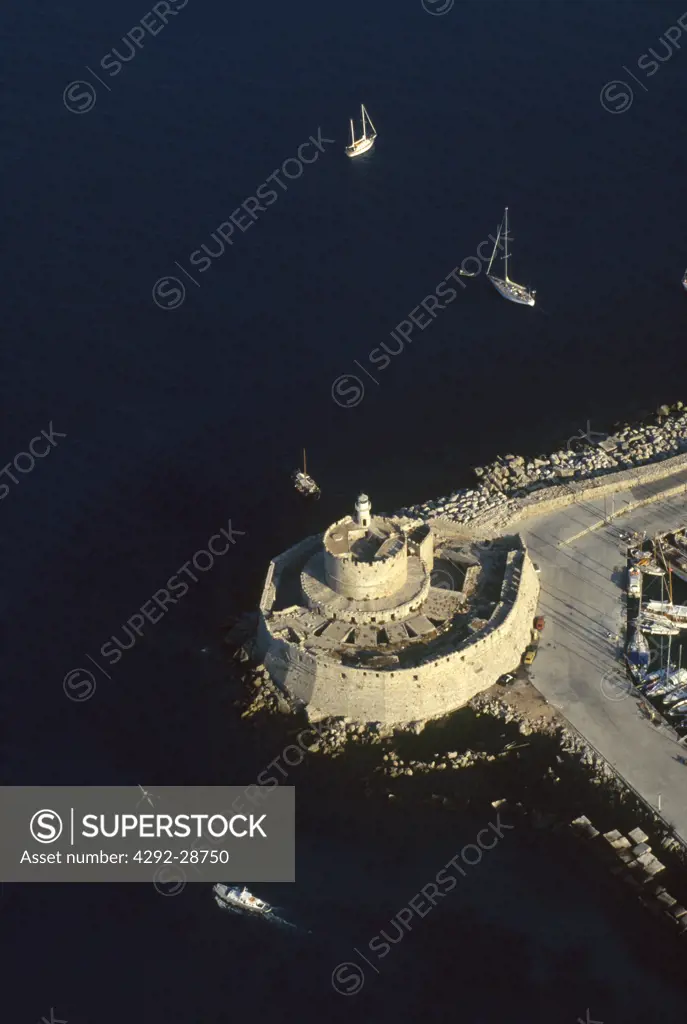 Greece, Rhodes island town of Rodos, the lighthouse, aerial view