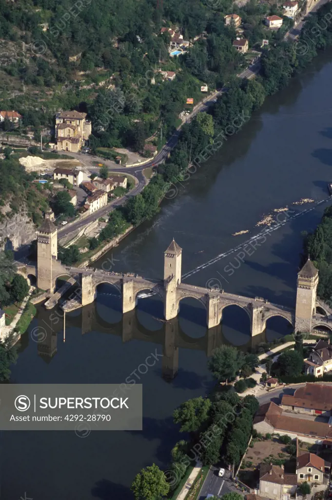 France, Midi-Pyrénées, Cahors, bridge aerial view