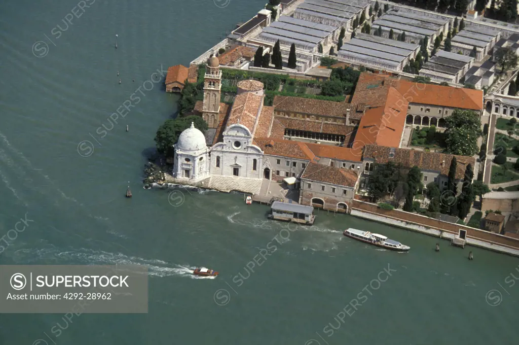 Italy, Veneto, Venice, San Michele cemetery aerial view