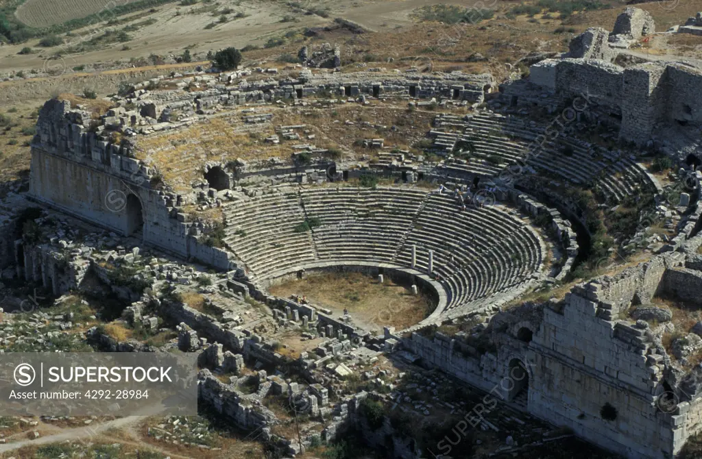 Turkey, Miletos amphitheatre ruins, aerial view