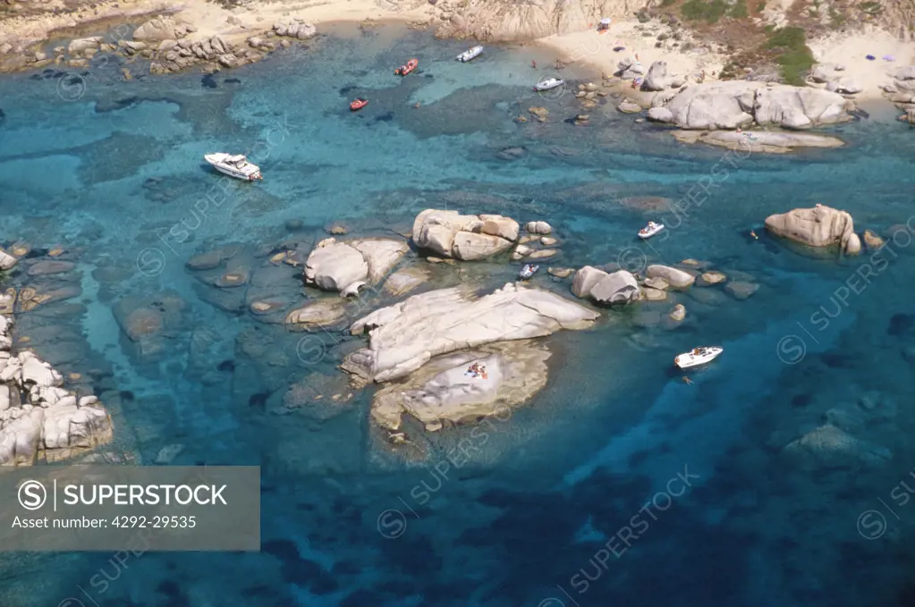 Italy, Sardinia, Costa Smeralda, aerial view of the coastline