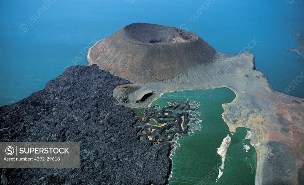 Africa, Kenya, Nabuyatom volcano and Lake Turkana