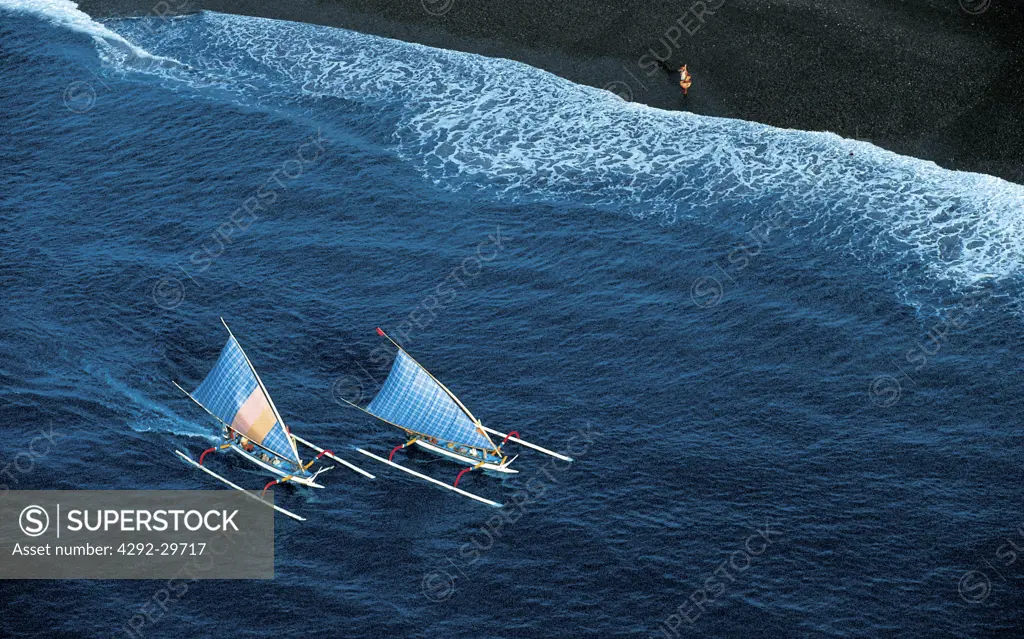 Indonesia, Bali. Fishermen boats at Kusamba beach, aerial view