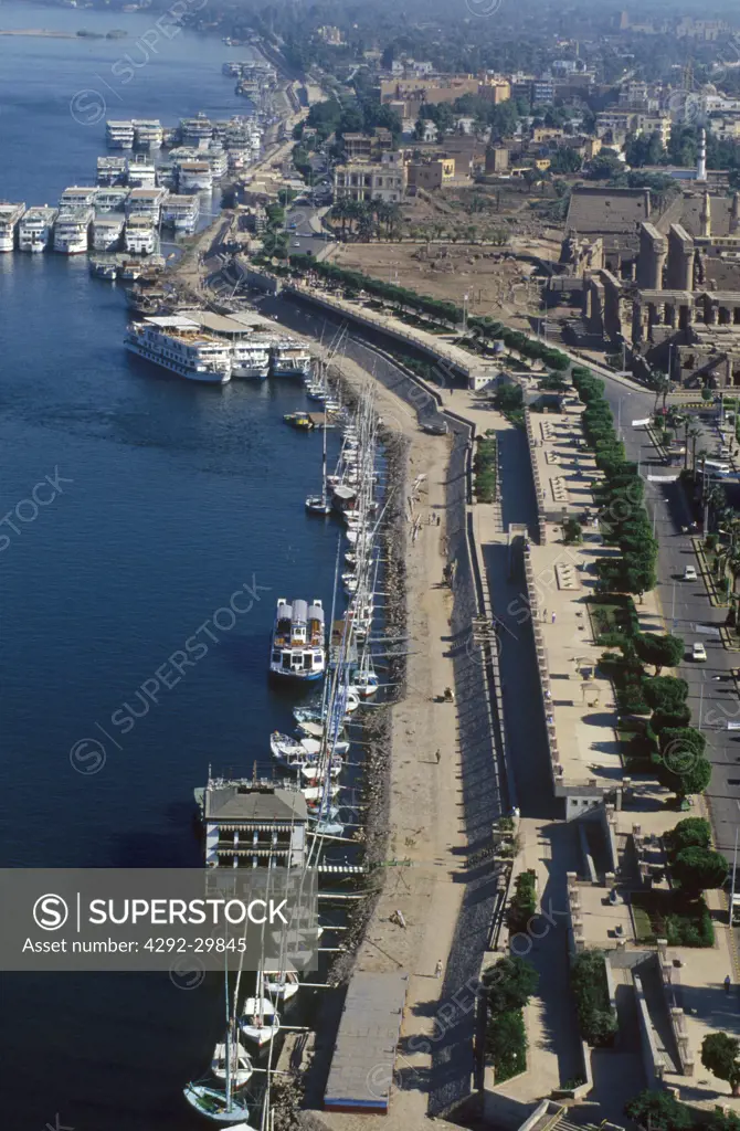 Egypt, Luxor city along the Nile, aerial view