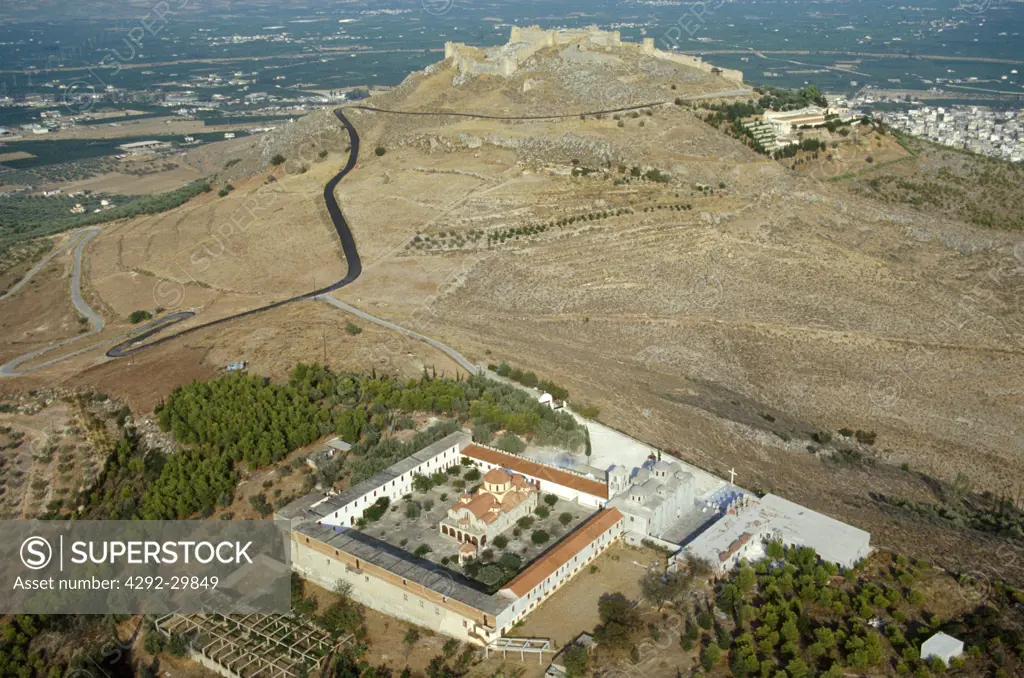 Greece, Peloponnesus, Argos the monastery and the castle, aerial view