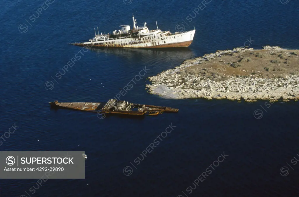 Greece, Athens, Piraeus, ship wreck on the bay