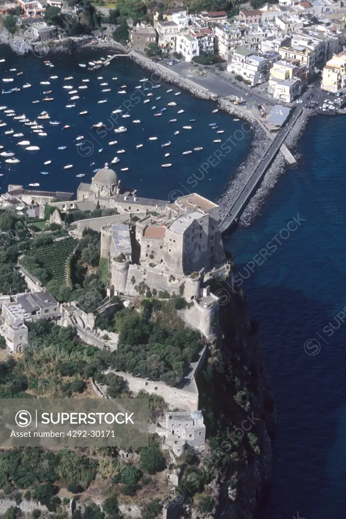 Italy, Campania, Ischia, the Aragonese castle and Ponte village, aerial view