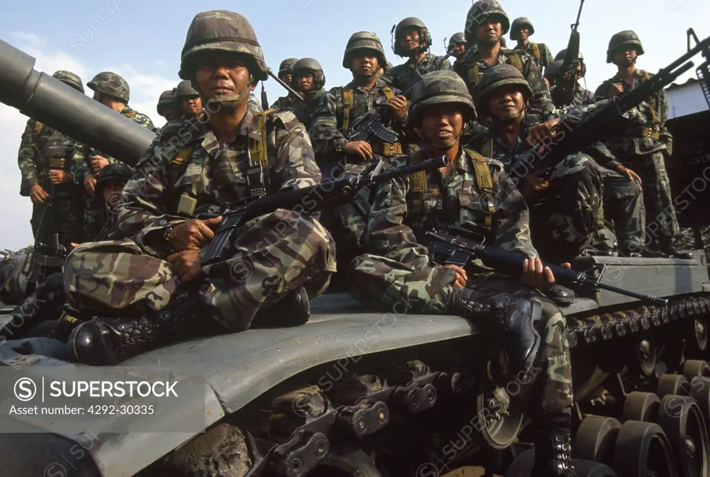 Asia, Thailand, soldiers of the Royal Thai Cavalry on M60 tank