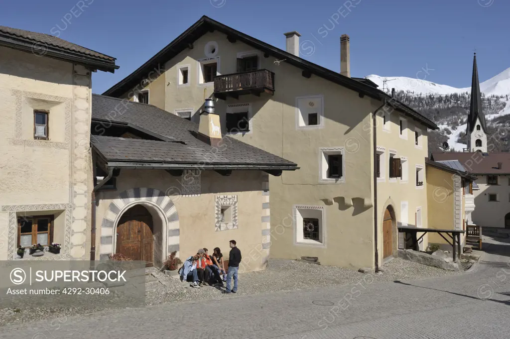Switzerland, Engadina, Zuoz village, typical houses