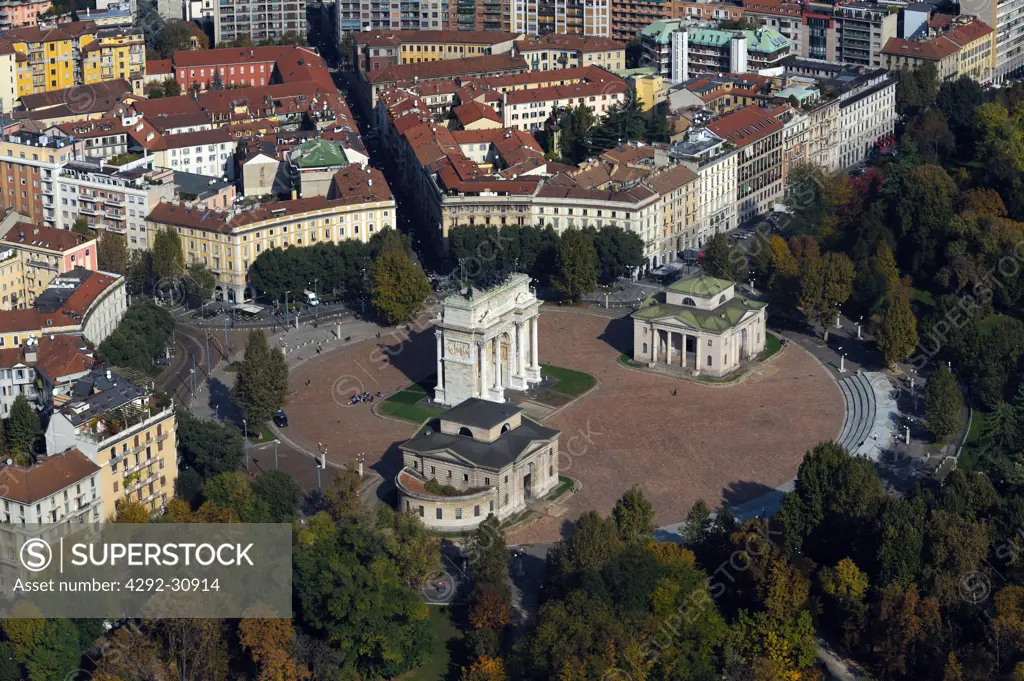 Italy, Lombardy, Milan, Arco della Pace, aerial view
