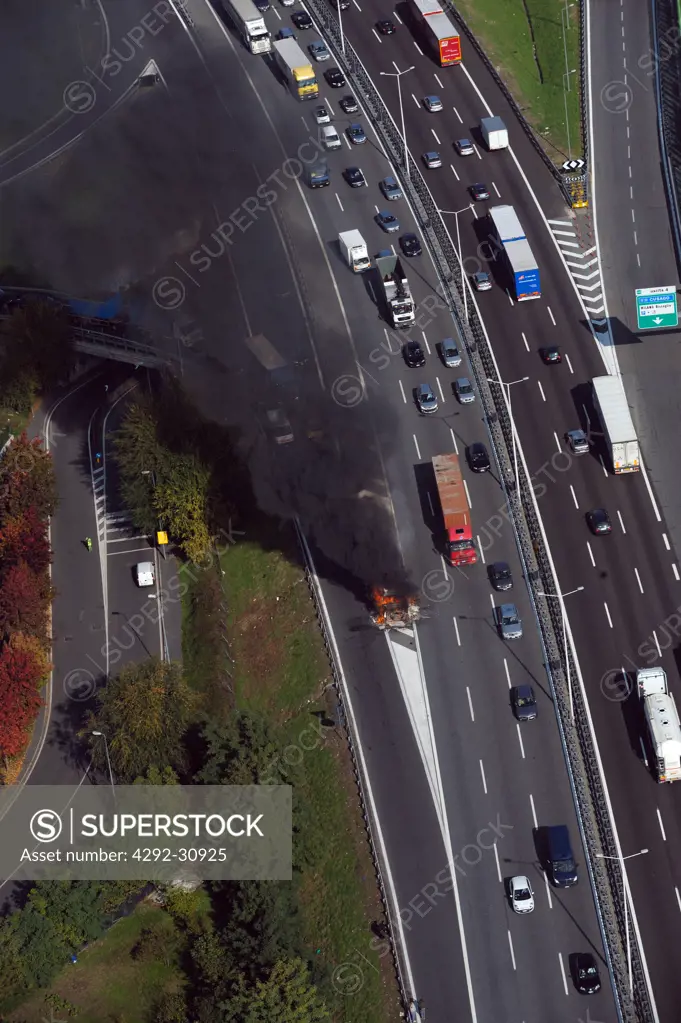 Italy, Lombardy, Milan, accident and traffic on the highway Tangenziale, aerial view