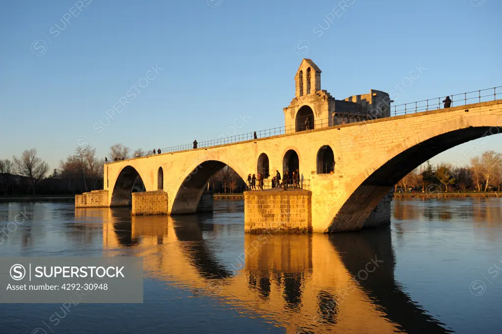 France, Provence, Vaucluse, Avignon, Rhone River, Saint Benezet's Bridge.