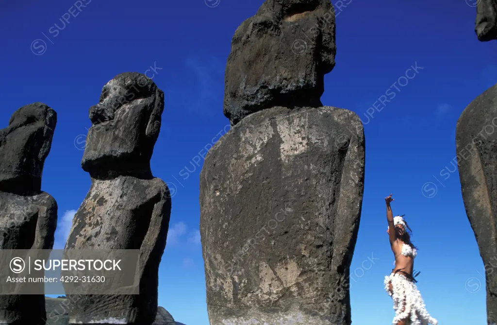 Easter Island, Chile. Polynesian dancer at Ahu Tongariki.