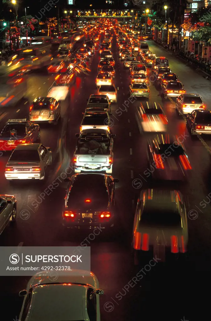 Thailand, Bangkok. Traffic on Ratchadamri Road at night