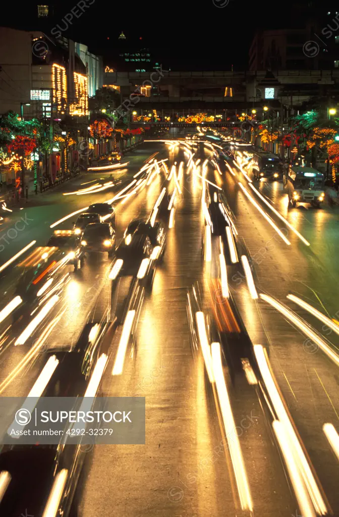 Thailand, Bangkok. Traffic on Ratchadamri Road at night