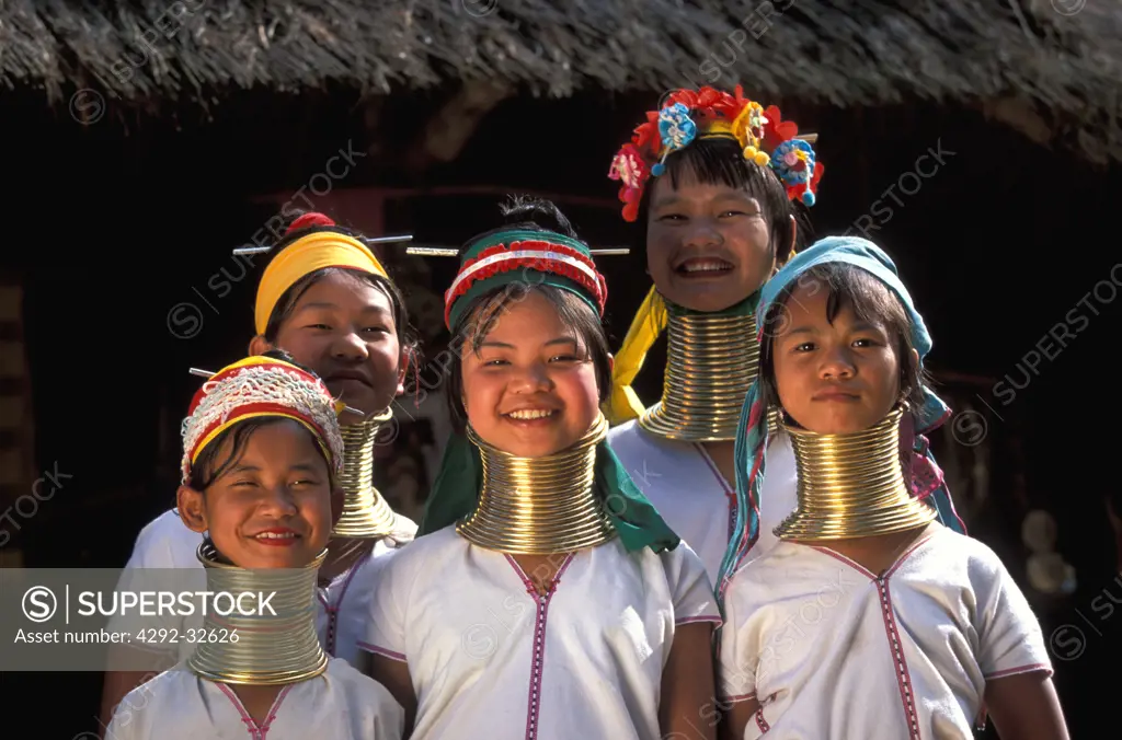 Thailand, Chiang Mai, Longneck Hilltribe, Group of women and girls