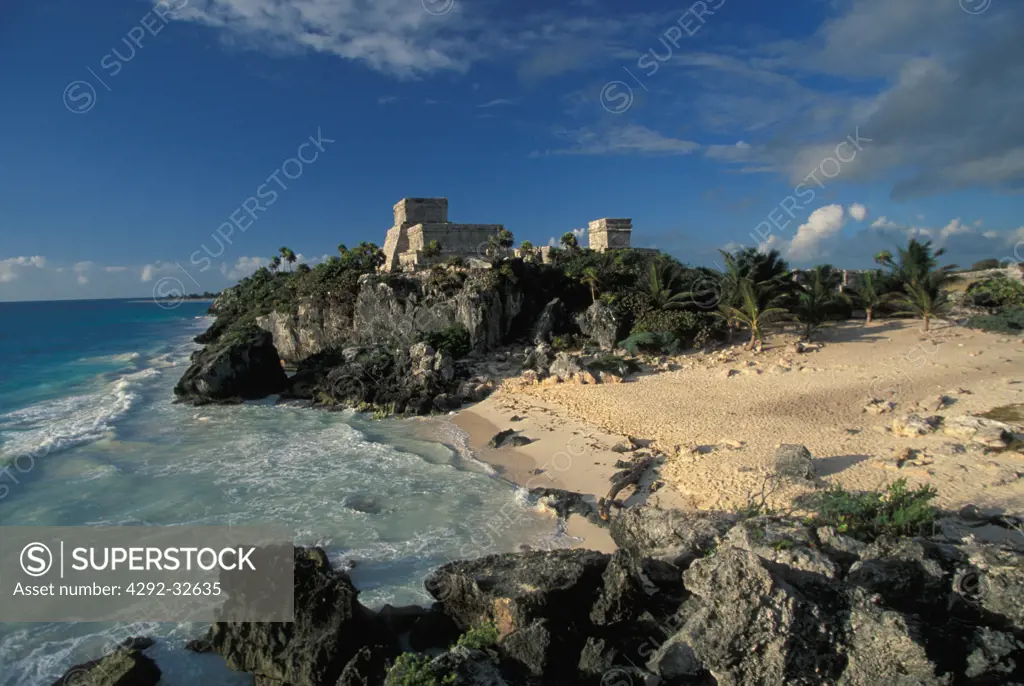 Mexico, Tulum. Maya ruins. The castle and temple of descending God