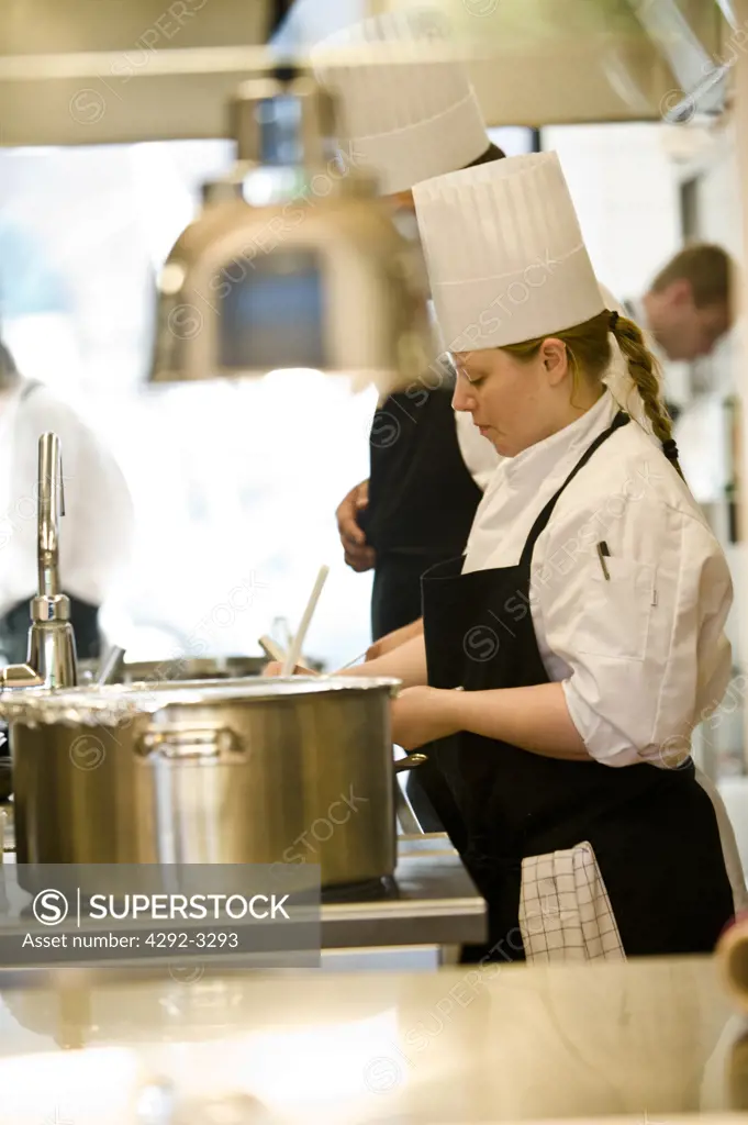 Denmark,Copenhagen, the Nimb restaurant kitchen with chefs at work