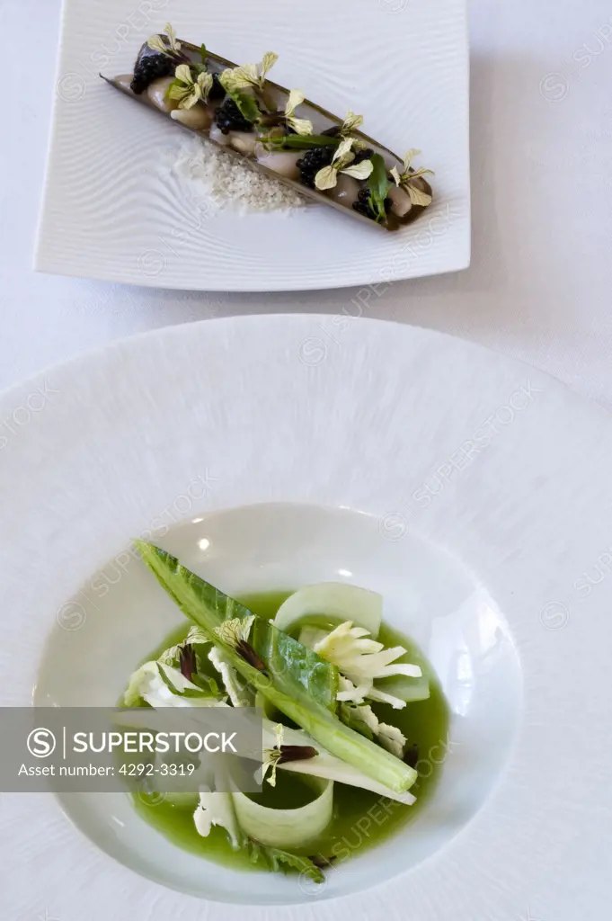 Denmark, Danish greens and almonds with marinated razor clams and caviar