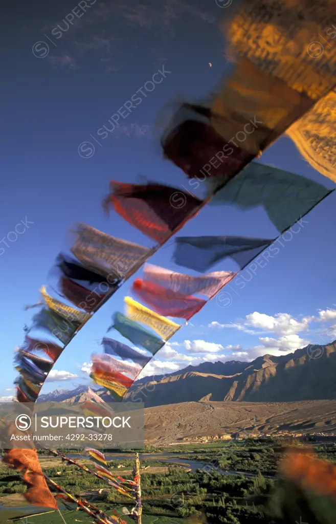 India, Jammu and Kashmir, Ladakh, Leh, buddhist prayer flags at Spitok Monastery