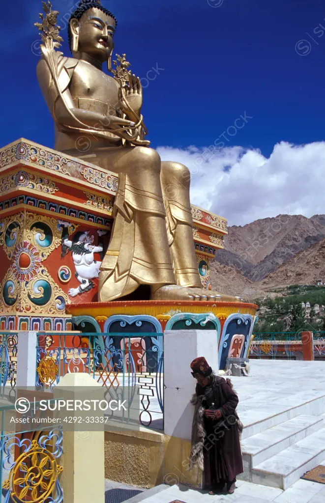 India, Jammu and Kashmir, Ladakh, giant Buddha statue at Likkir Monastery