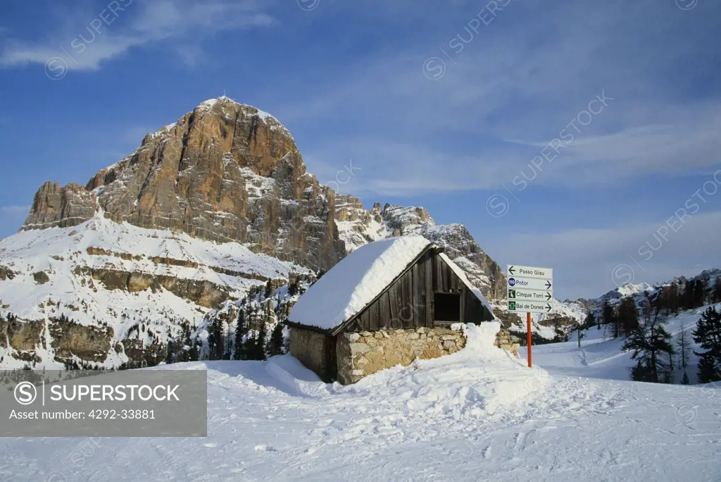 Italy, Veneto, Cortina, ski slopes and mount Tofana di Rozes