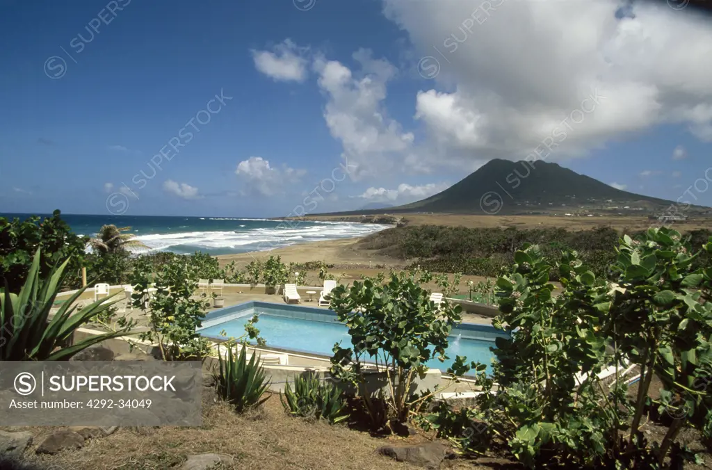 Caribbean, Netherland Antilles, St.Eustatius, hotel Maison sur la Plage, The Quill on background