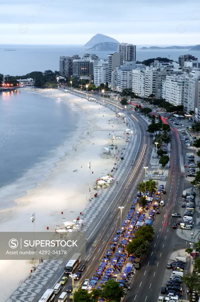 Brazil, Rio De Janeiro, Copacabana. Avenida Atlantica and Copacabana Beach.
