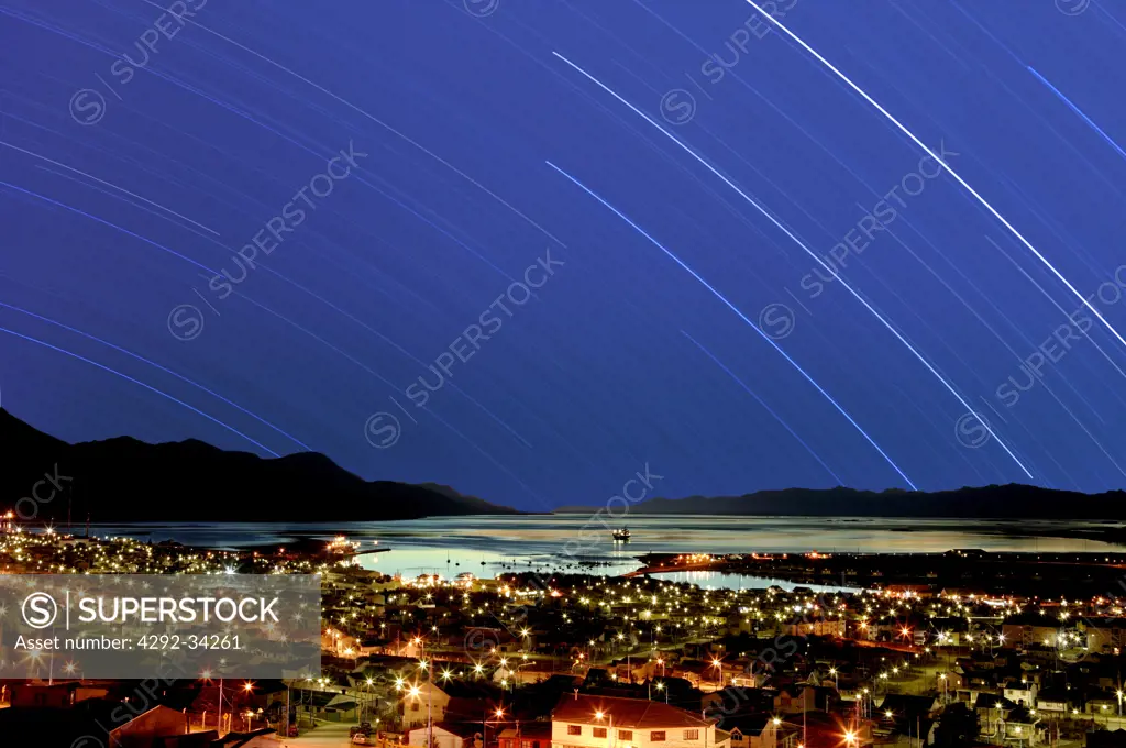 South America, Argentina, Patagonia, Tierra del Fuego, Ushuaia, view of the city at dusk