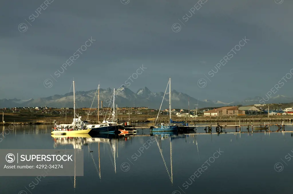 South America, Argentina, Patagonia, Tierra del Fuego, Ushuaia, view of the harbour