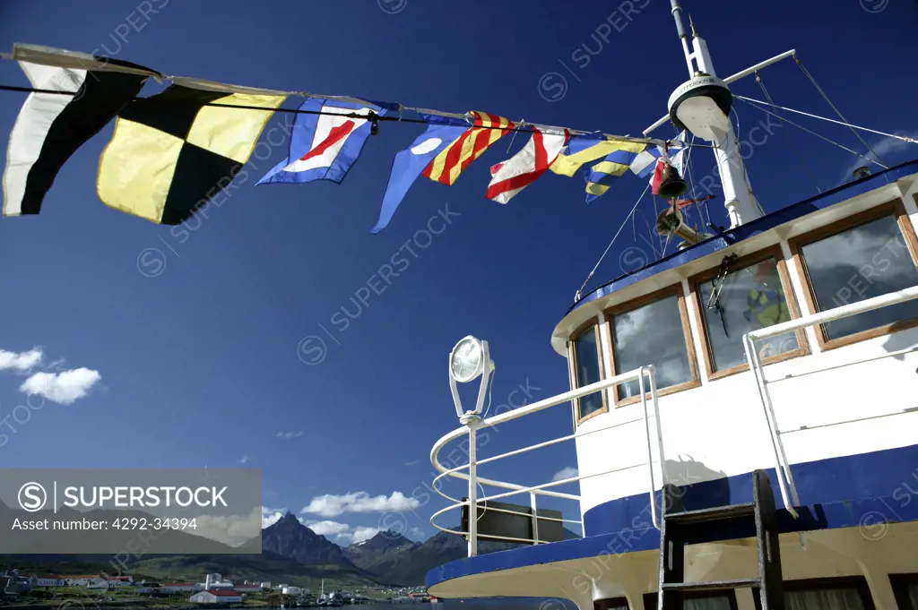 South America, Argentina, Patagonia, Tierra del Fuego, Ushuaia, view of the harbour from cruise ship