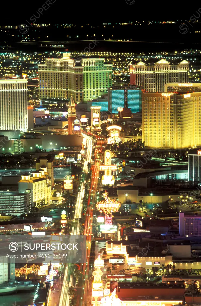 USA, Nevada, Las Vegas. streaming lights of Las Vegas Boulevard The Strip at dusk