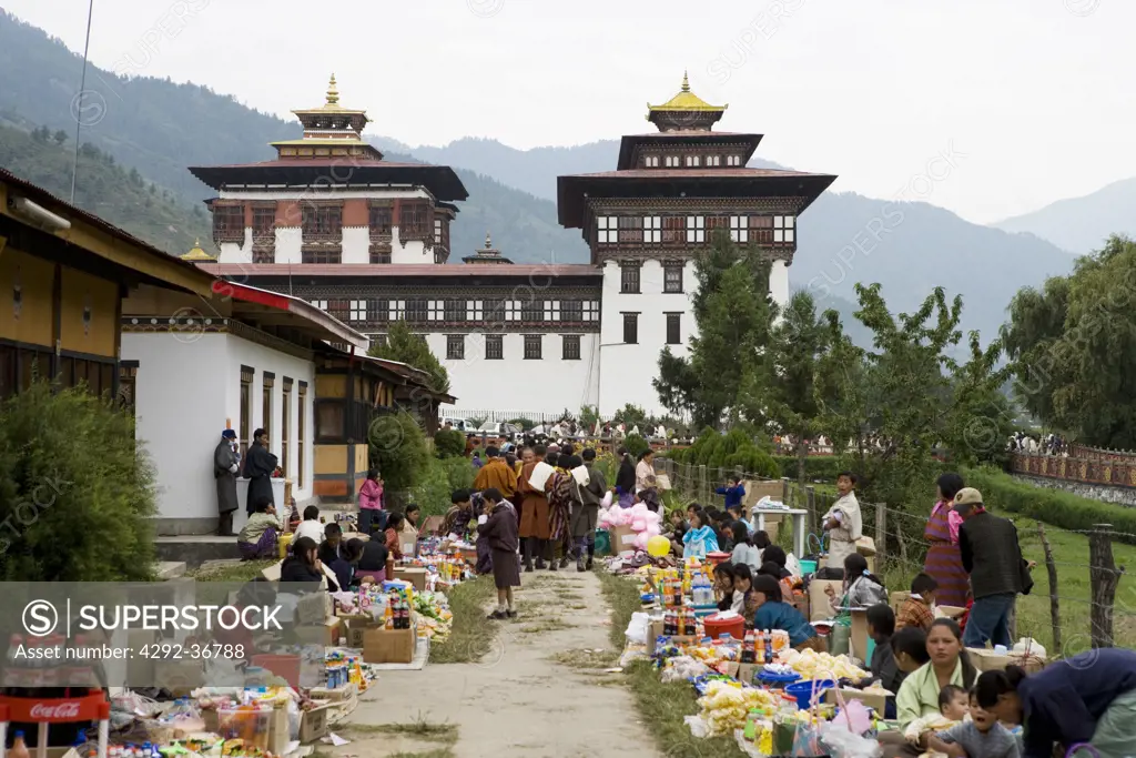 Bhutan,Thimphu. Thimphu Dzong. Market for Buddhist Festival (Tsechu).